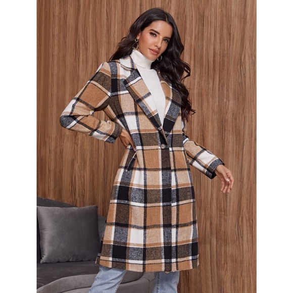 long trench coat Single Button Plaid pea Coat camel tan black fall  long line - Picture 3 of 8